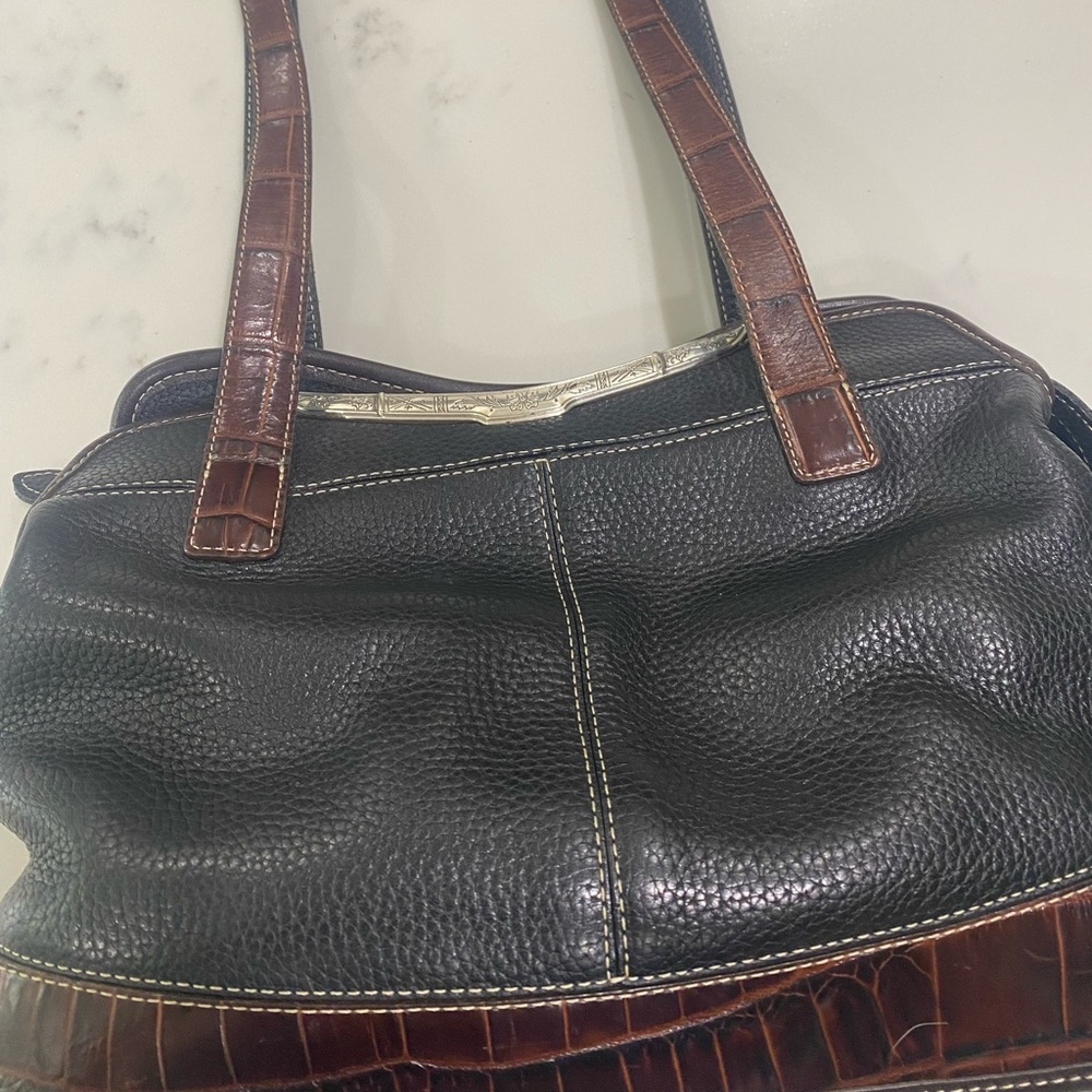 Brighton leather shoulder bag black with brown and silver accents